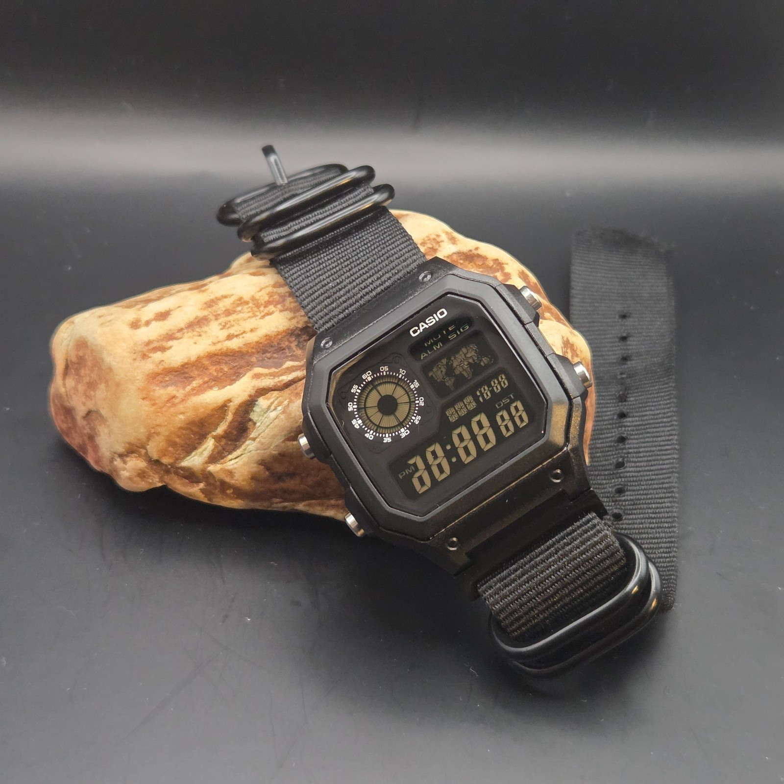 CASIO AE-1200WHD. Royale World Time Watch Mod. Blackout Negative. Hydromod.