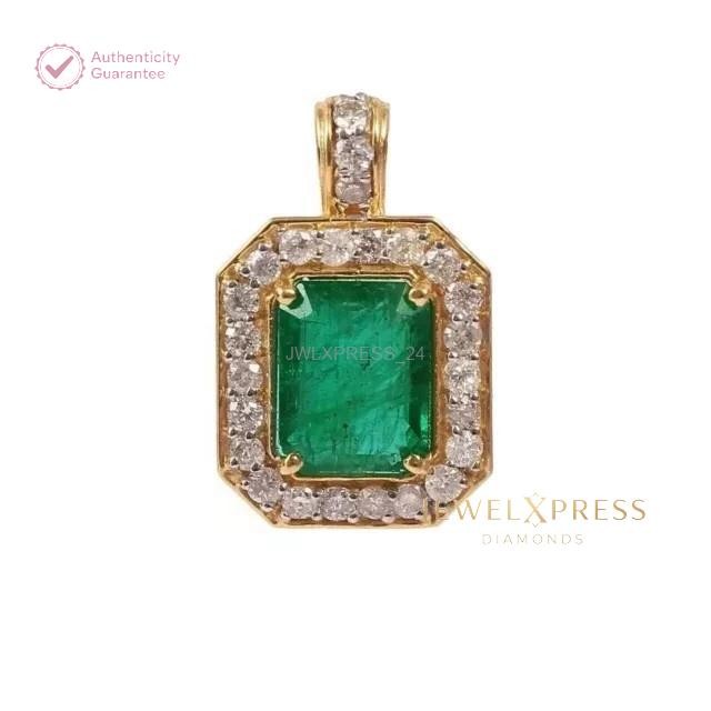 Natural Green Emerald 2Ct Emerald Cut Women Halo Pendant 14K Yellow Gold
