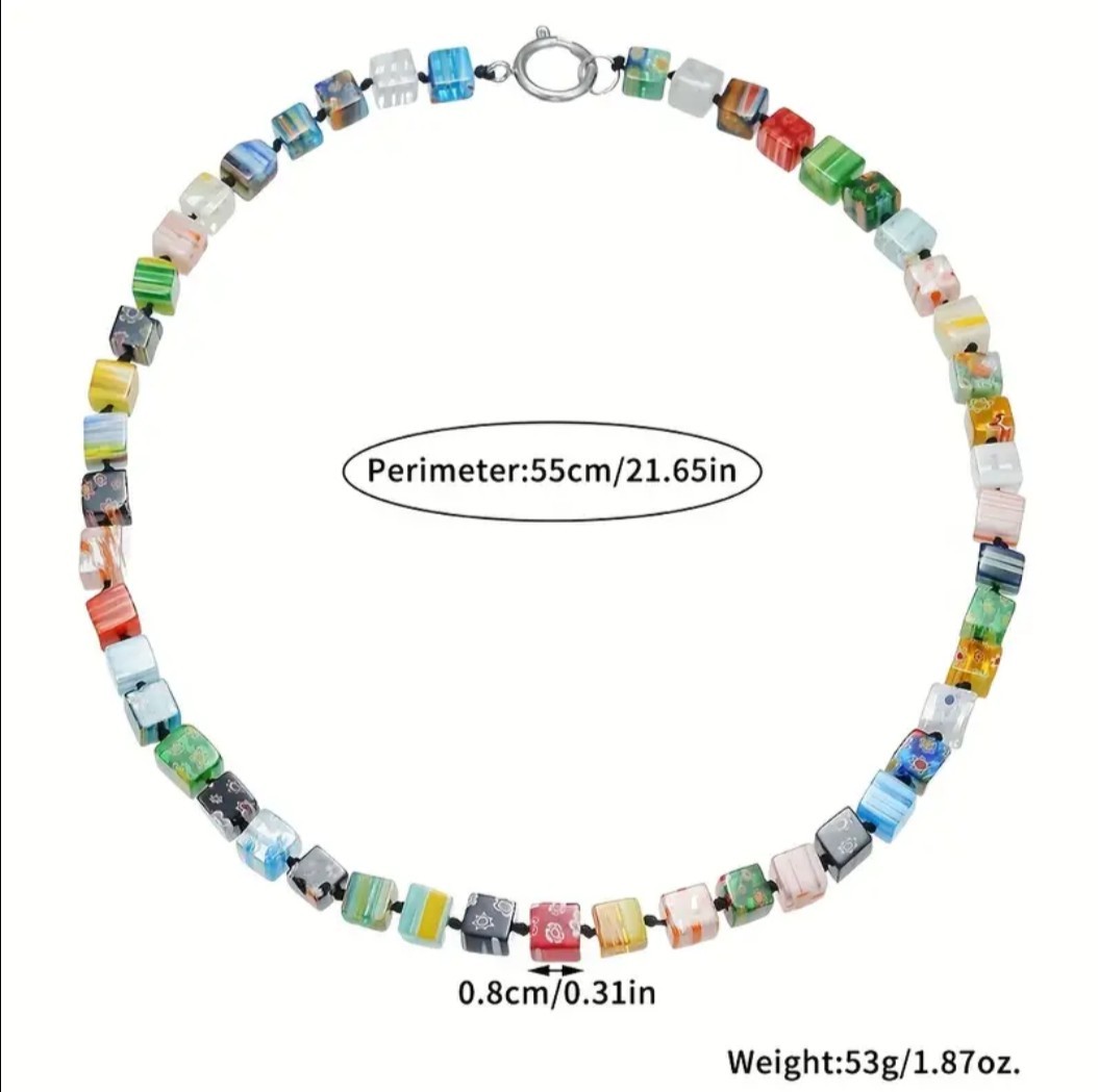 Murano Style Multicolor Thousand Flower Glass Cube Beaded Necklace (21.65in)