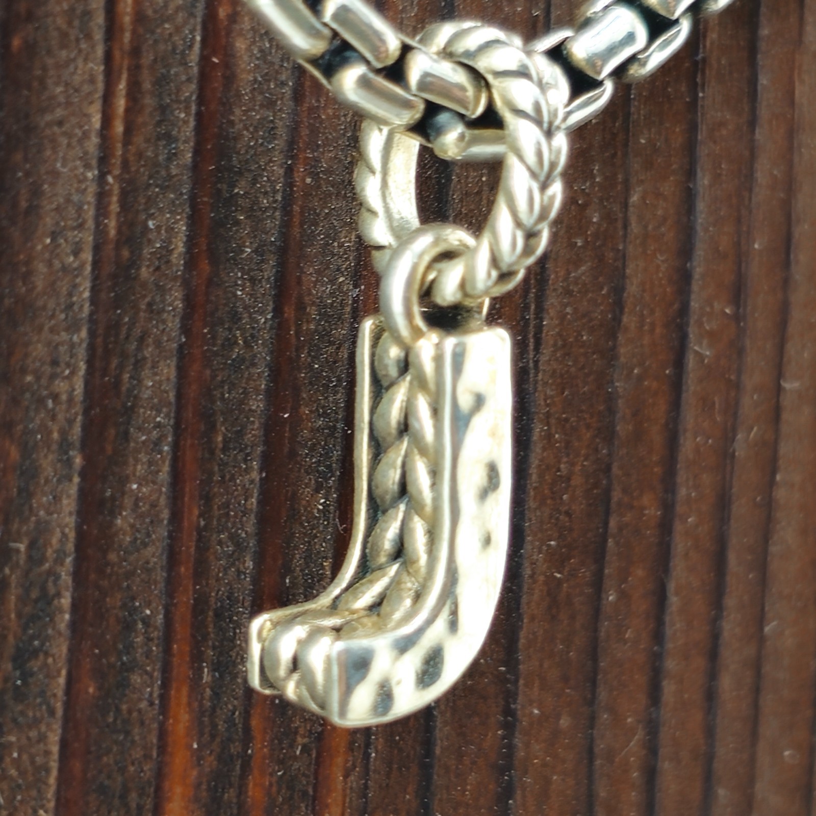 JAI 925 Sterling Silver J Pendant Necklace 9.5in Hammered Classic Thailand