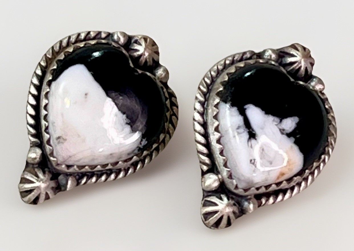White Buffalo Heart Stud Sterling Silver Handmade Earrings SW Native Style 6g