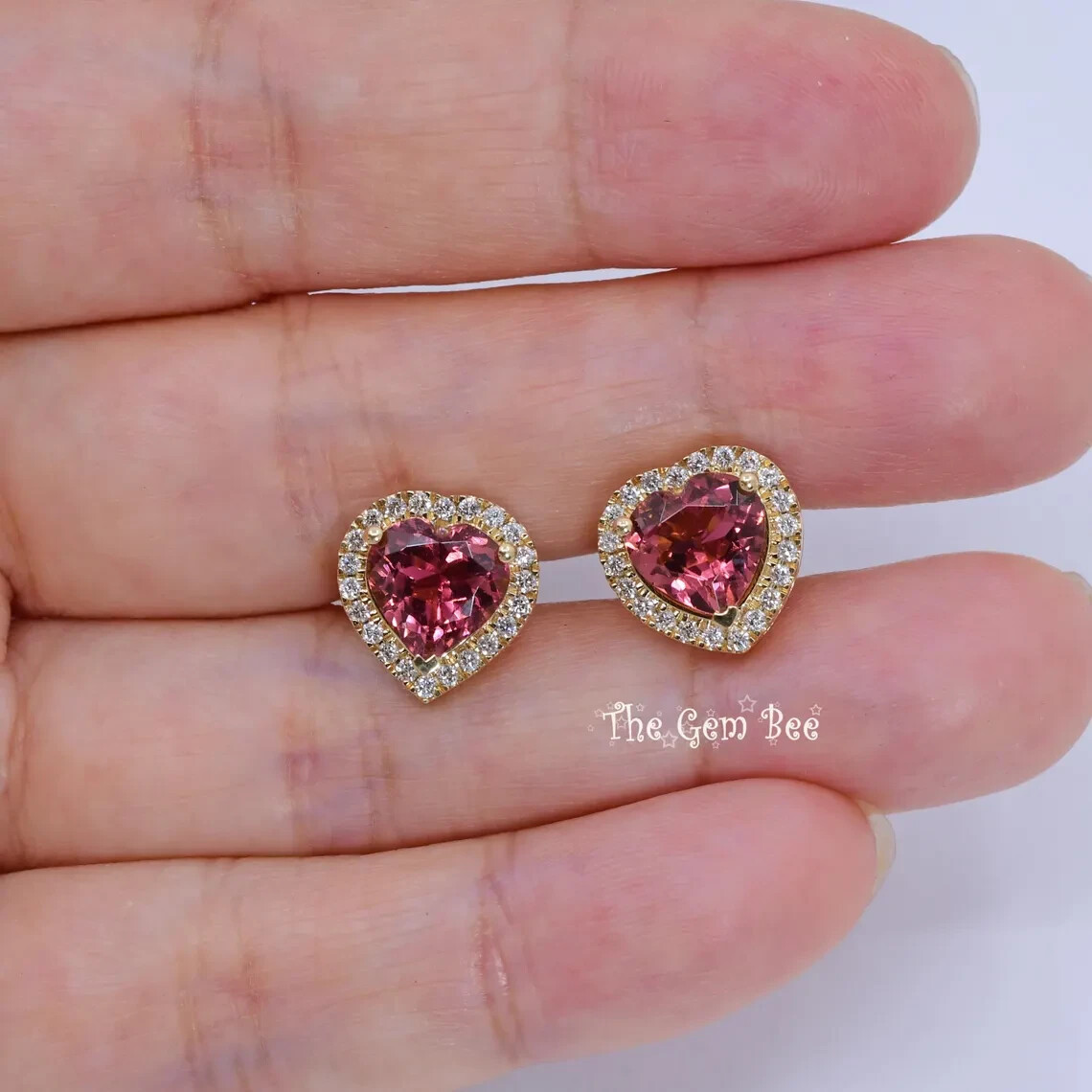 11.6mm 14k Yellow Gold 3.22CT Pink Tourmaline Heart Diamond Halo Ear Stud Post