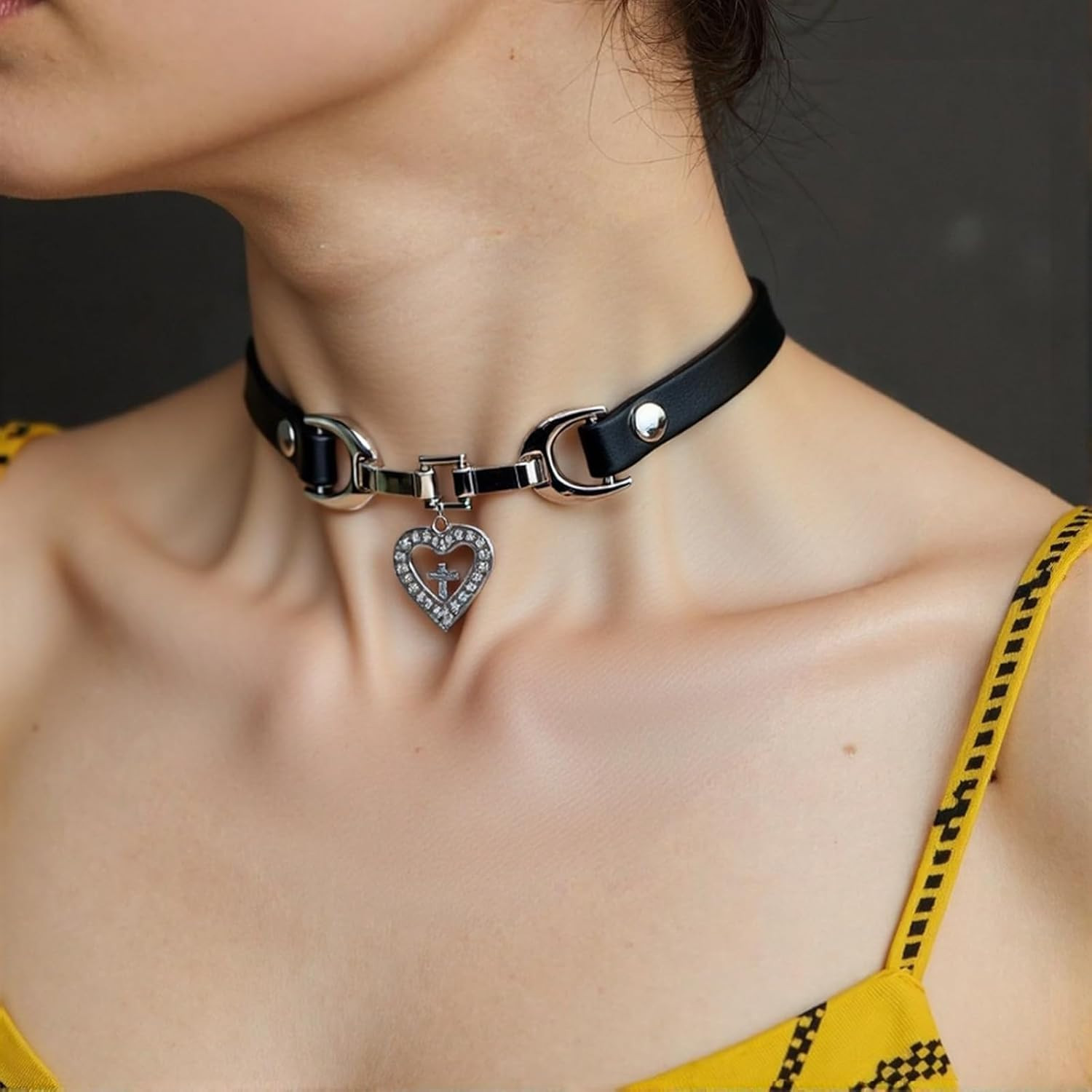 Black Choker Necklace for Women Handmade PU Leather Chokers CZ Heart Cross Penda