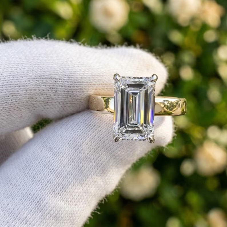 Lab Grown Diamond 4.20Ct EMERALD-Cut HIDDEN HALO Wedding Ring EF 14K YELLOW GOLD