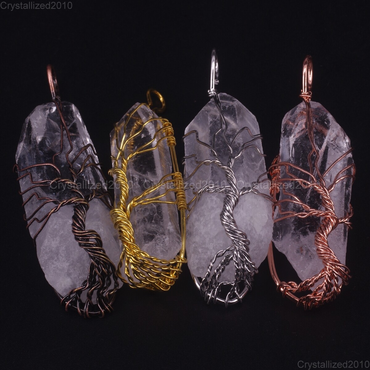 Natural Gemstone Quartz Crystal Rock Stick Handmade Wire Wrap Life Tree Pendant