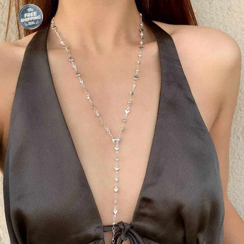 Trendy Gold Silver Color Glass Long Y-Shaped Necklace Metal Collarbone Chain