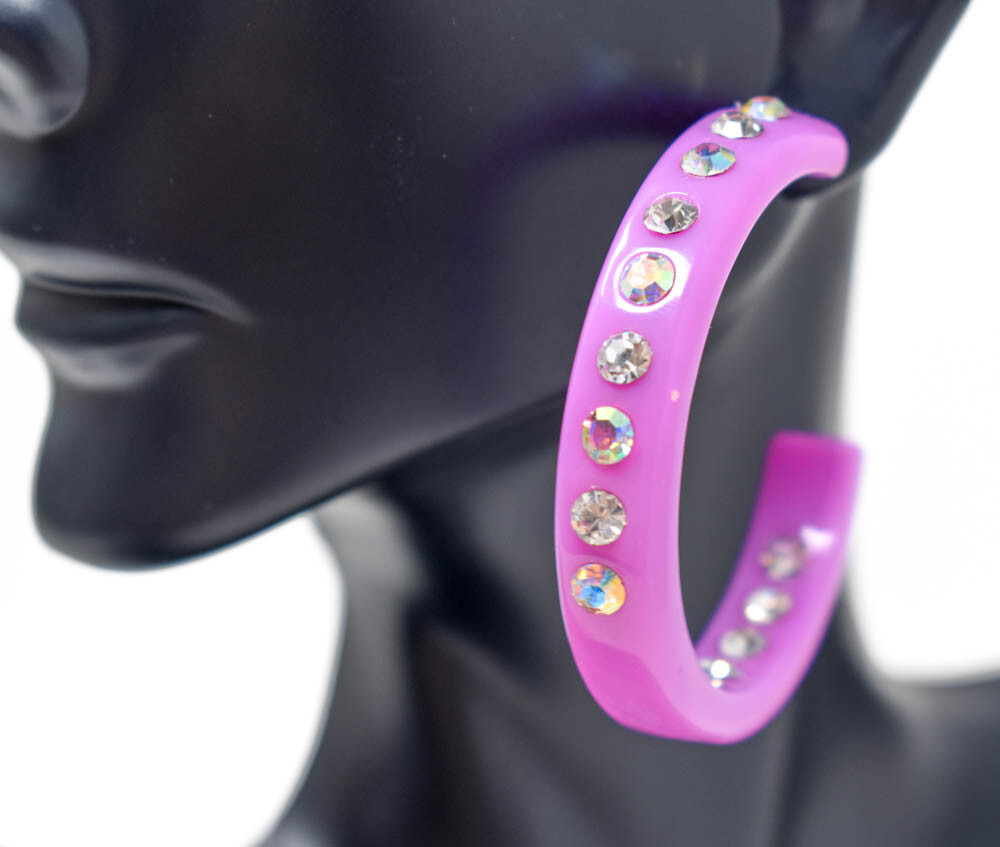 2″ LAVANDER HOOPS AB/CLEAR (INNER & OUTER) RHINESTONES LADIES FASHION EARRINGS