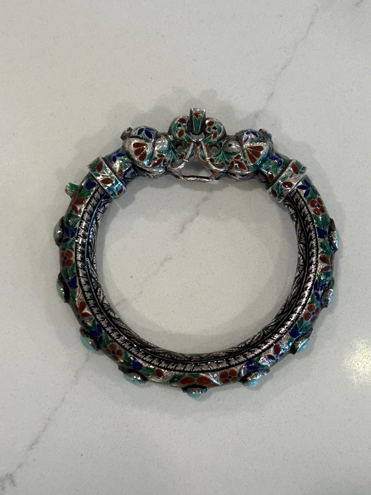 Vintage Indian Meenakari Sterling Enameled Elephant Head Bangle Turquoise AS IS