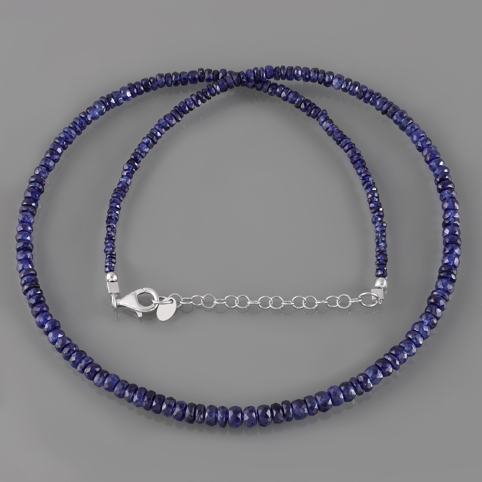 Natural Blue Sapphire Stone Beaded Necklace Faceted Roundel 925 Silver Necklace
