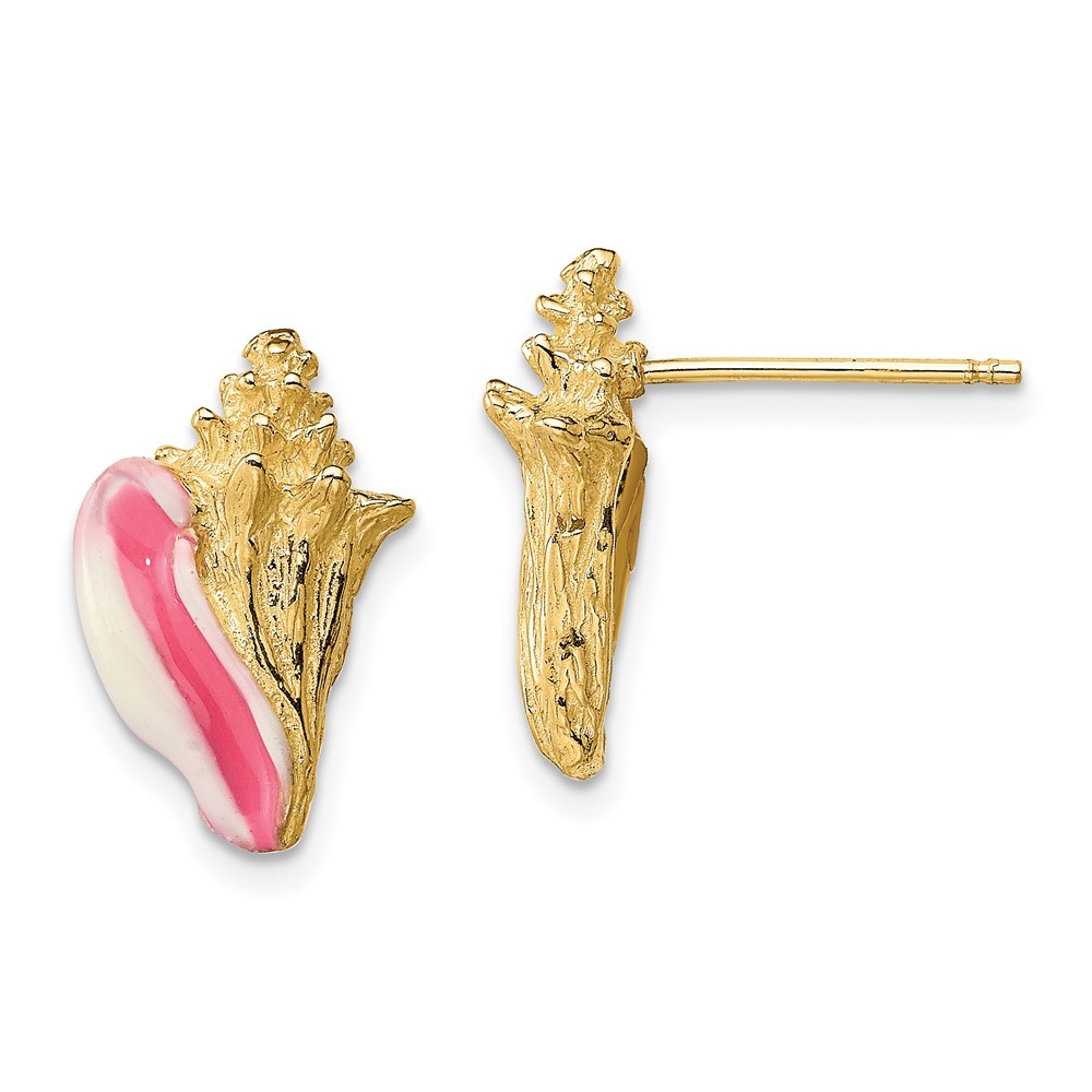14K Yellow Gold White and Pink Enamel Conch Shell Post Stud Earrings L-15.4 mm
