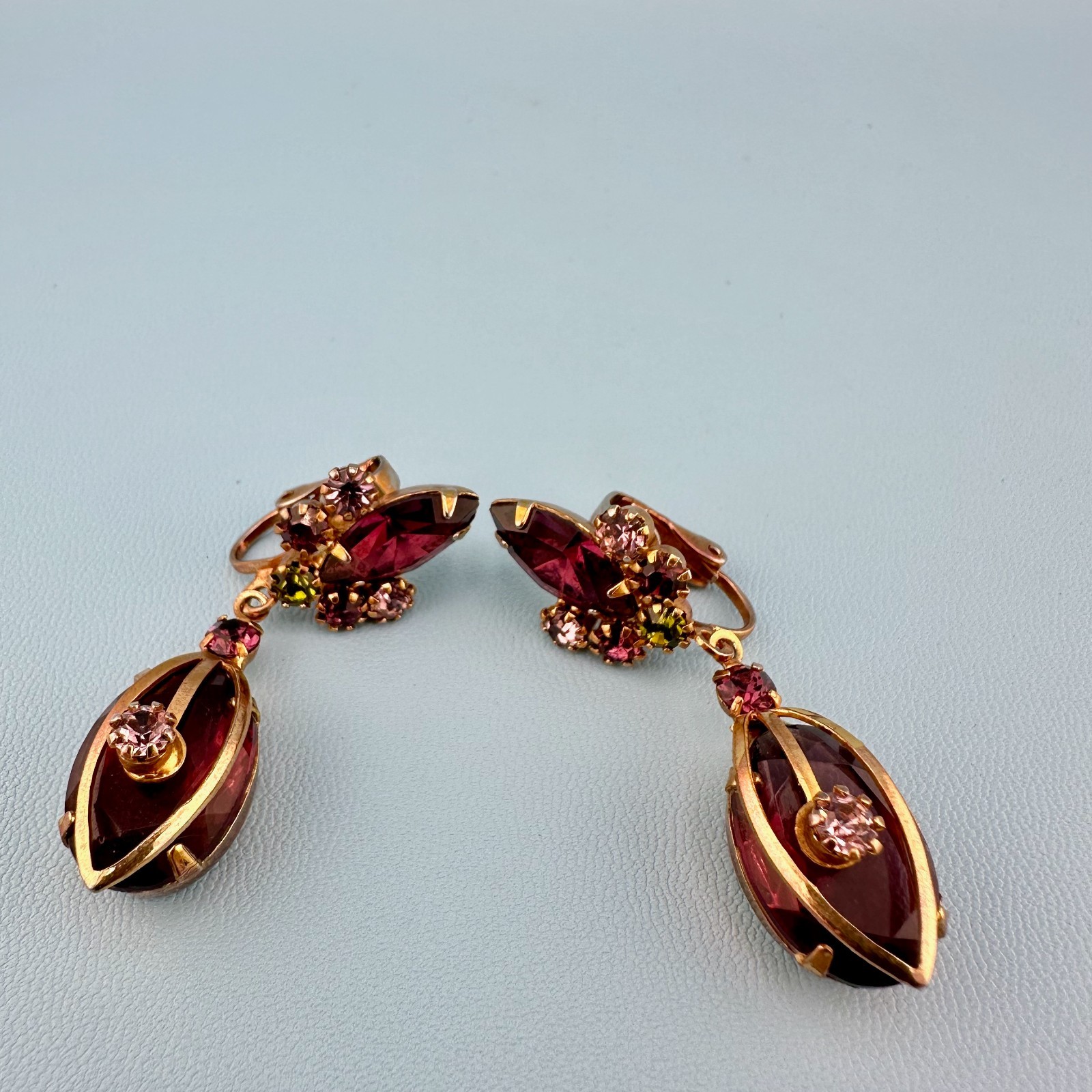 Vintage Purple Rhinestone Dangle Earrings Rose Gold Tone Clip On Prong Set