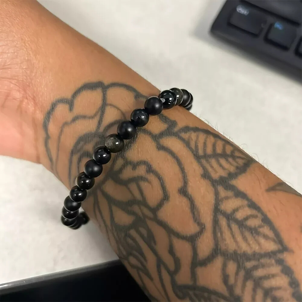 Triple Protection Stone Bracelet 6mm Black Onyx Tourmaline Obsidian Bracelet