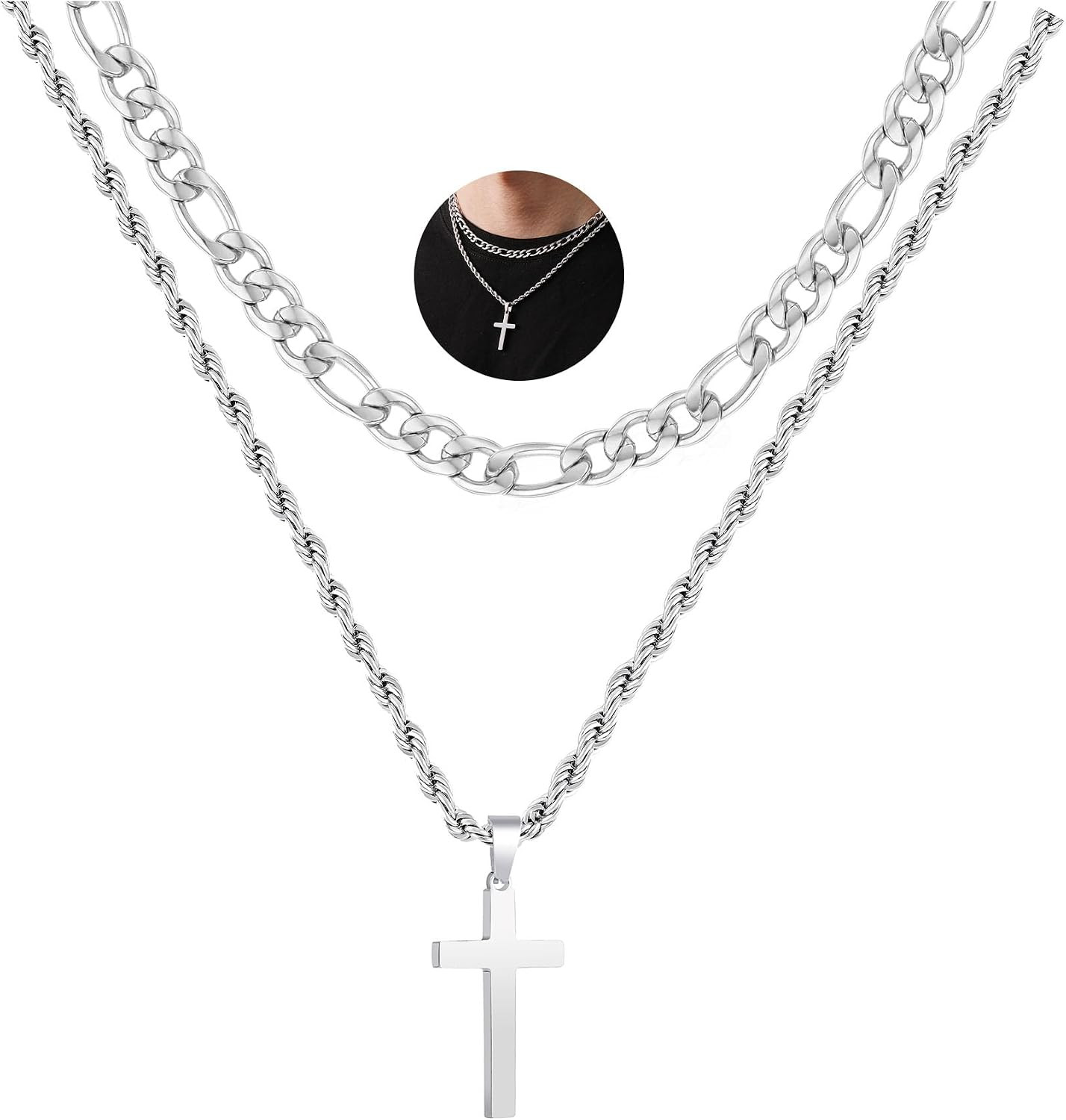 Cross Necklace for Men Boys, Layered Stainless Steel Cross Pendant Figaro Link R