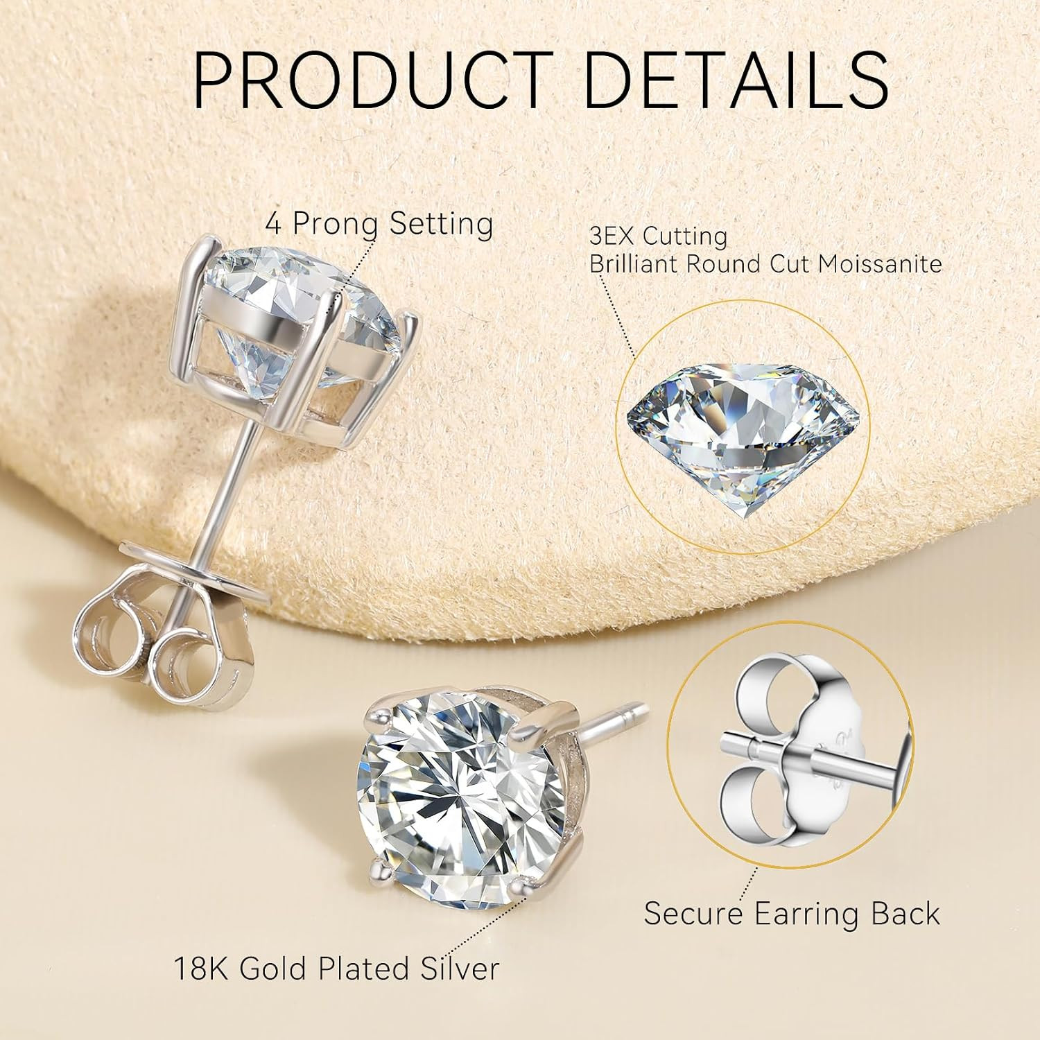 Moissanite Stud Earrings for Women, 0.2CT-8.0CT a Pair 18K White Yellow Gold Ver