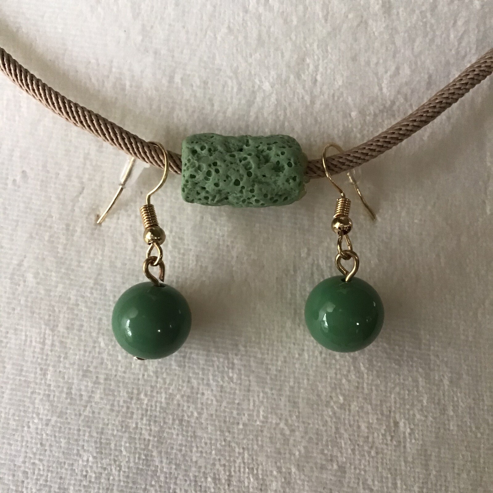 Lava Bead Tube Bead Necklace Earrings SET 2-Strand Boho Blue Green Gold NEW