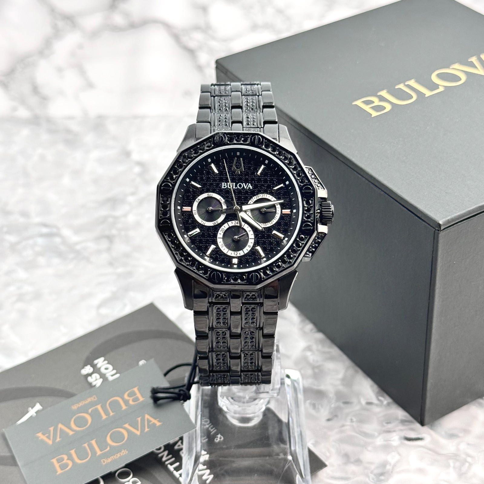 Bulova Octava Crystal Black Pave Dial Stainless Steel Quartz Men’s Watch 98C134
