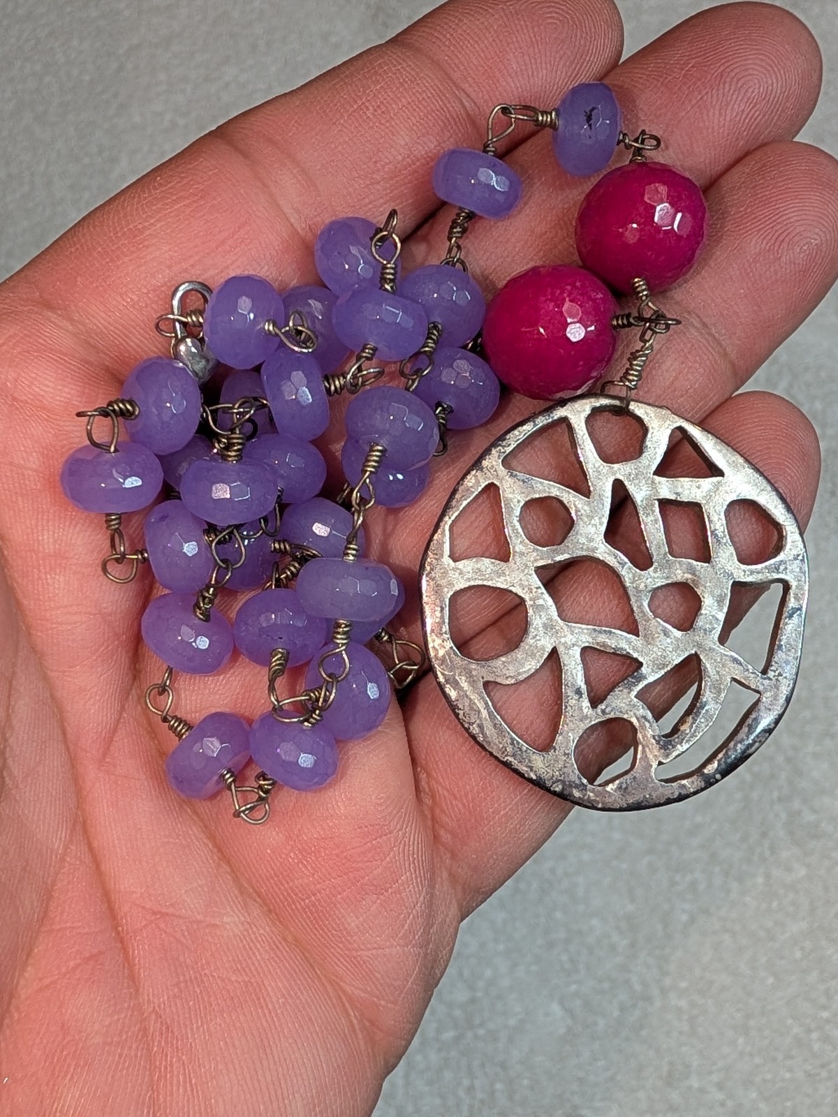 Artisan Sterling Silver Necklace Wire Wrapped Faceted Lavander Chalcedony & Pink