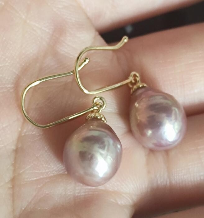 stunning AAA+ 11-14mm Natural pink purple south sea pearl earrings 14k Gold