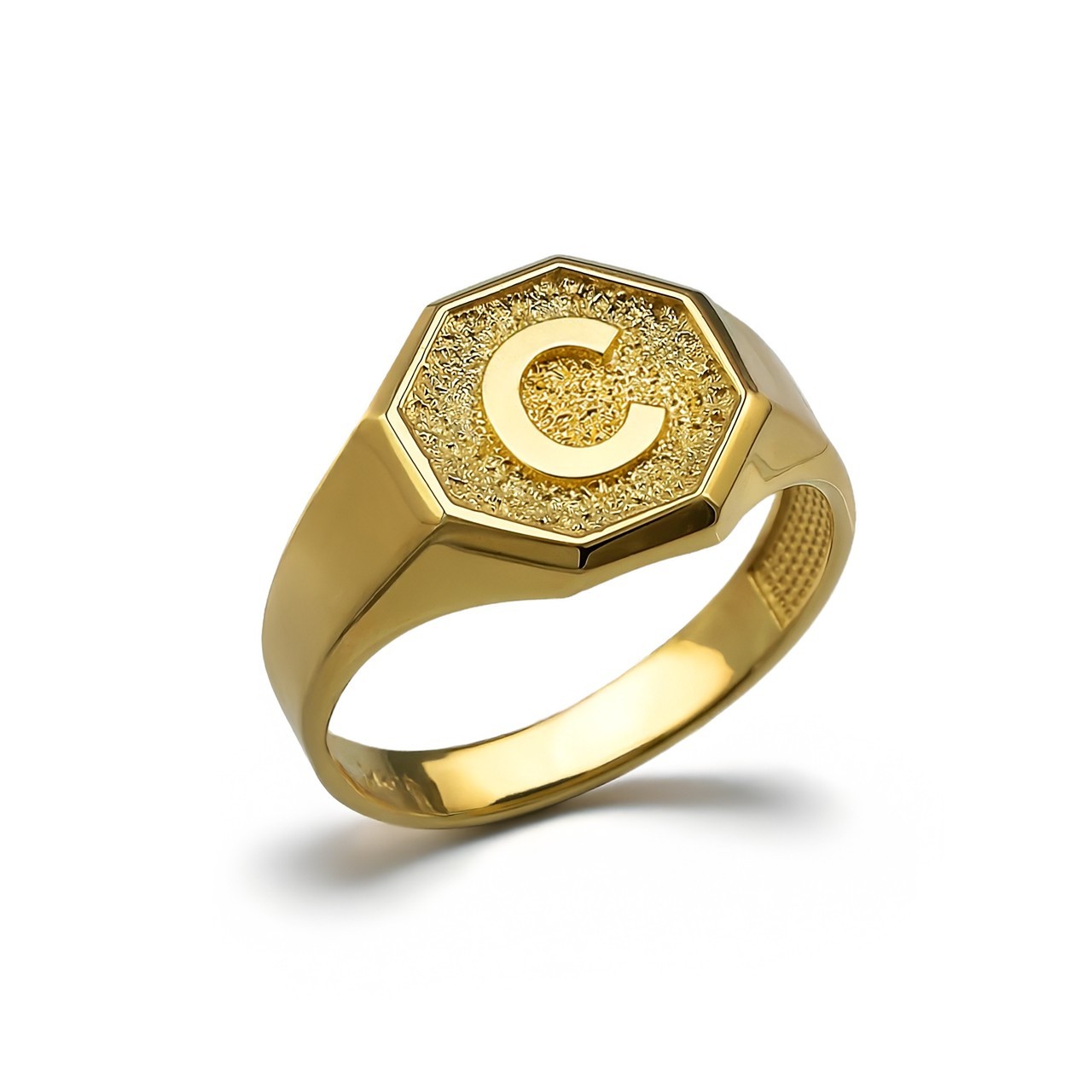 Men’s 10K Yellow Gold Letter Initial Octagon Signet Ring Personalized A–Z