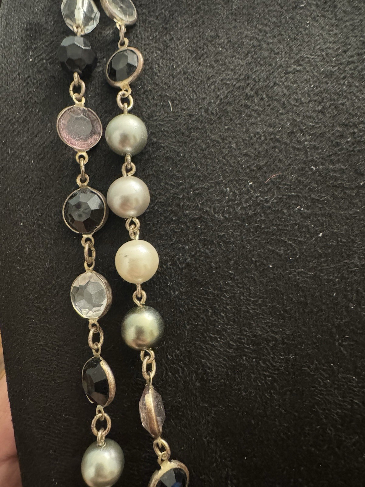 Long Double Strand Faux Pearl & Faceted Crystal Beaded Necklace Black Gray Gold
