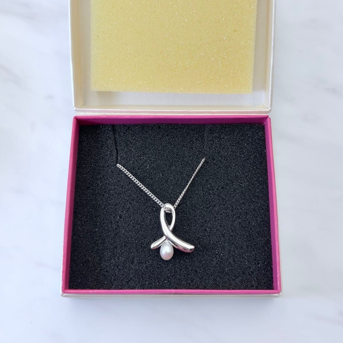 TASAKI Pearl Ribbon Pendant Necklace Sterling Silver 925 Authentic with Box