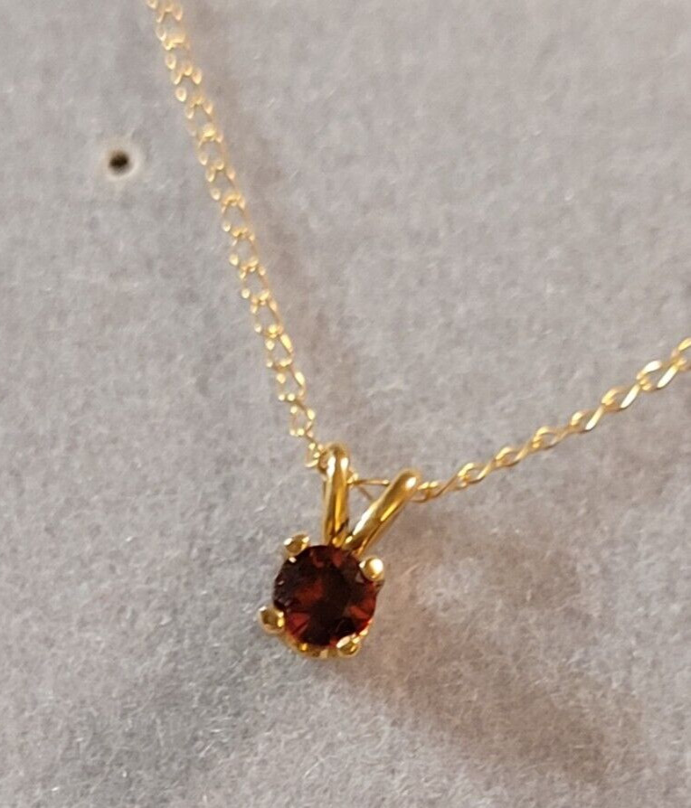14k Yellow Gold 3 mm Round Natural GARNET Pendant w 18″ Curb Chain Approx .11 ct