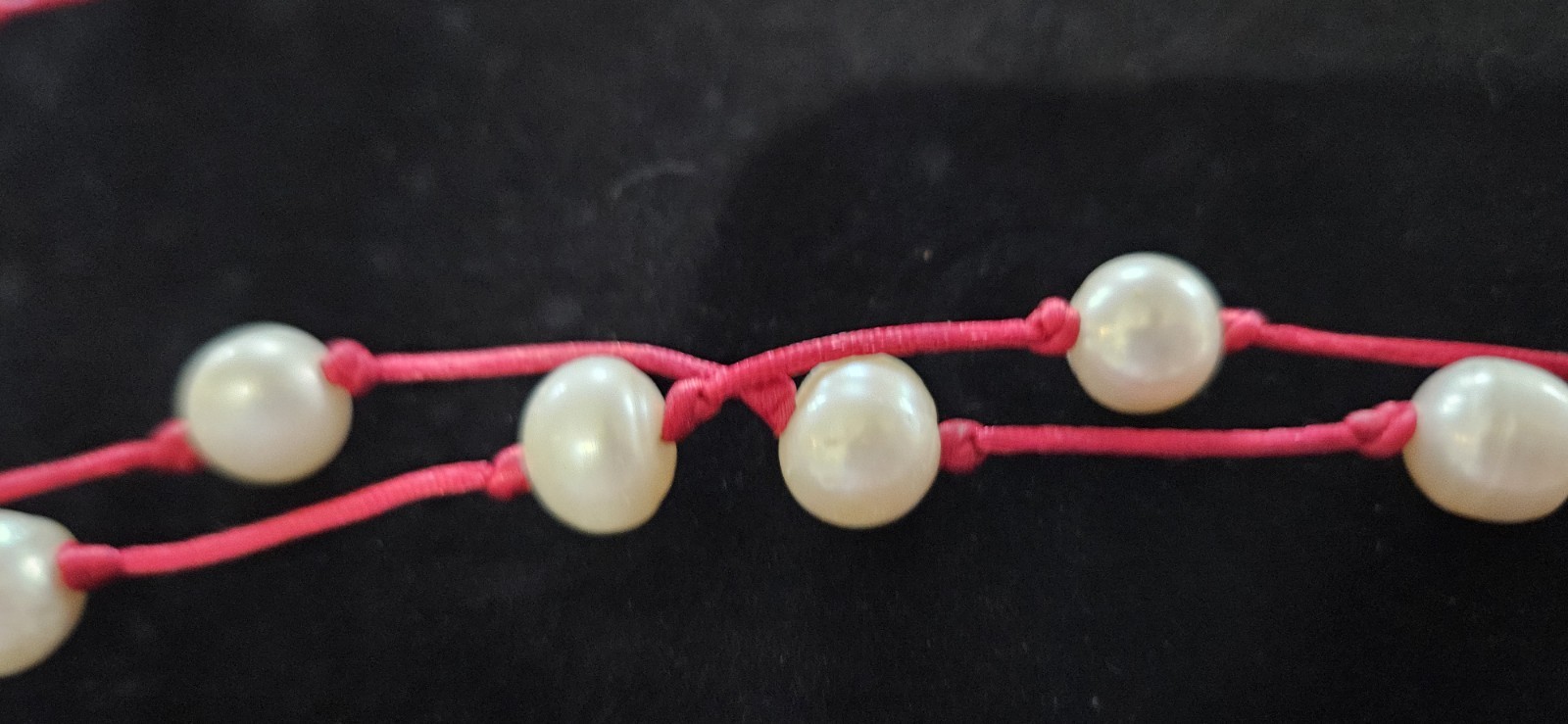 Freshwater Pearl Bead Station Necklace Red Cord Knotted Long Strand No Clasp