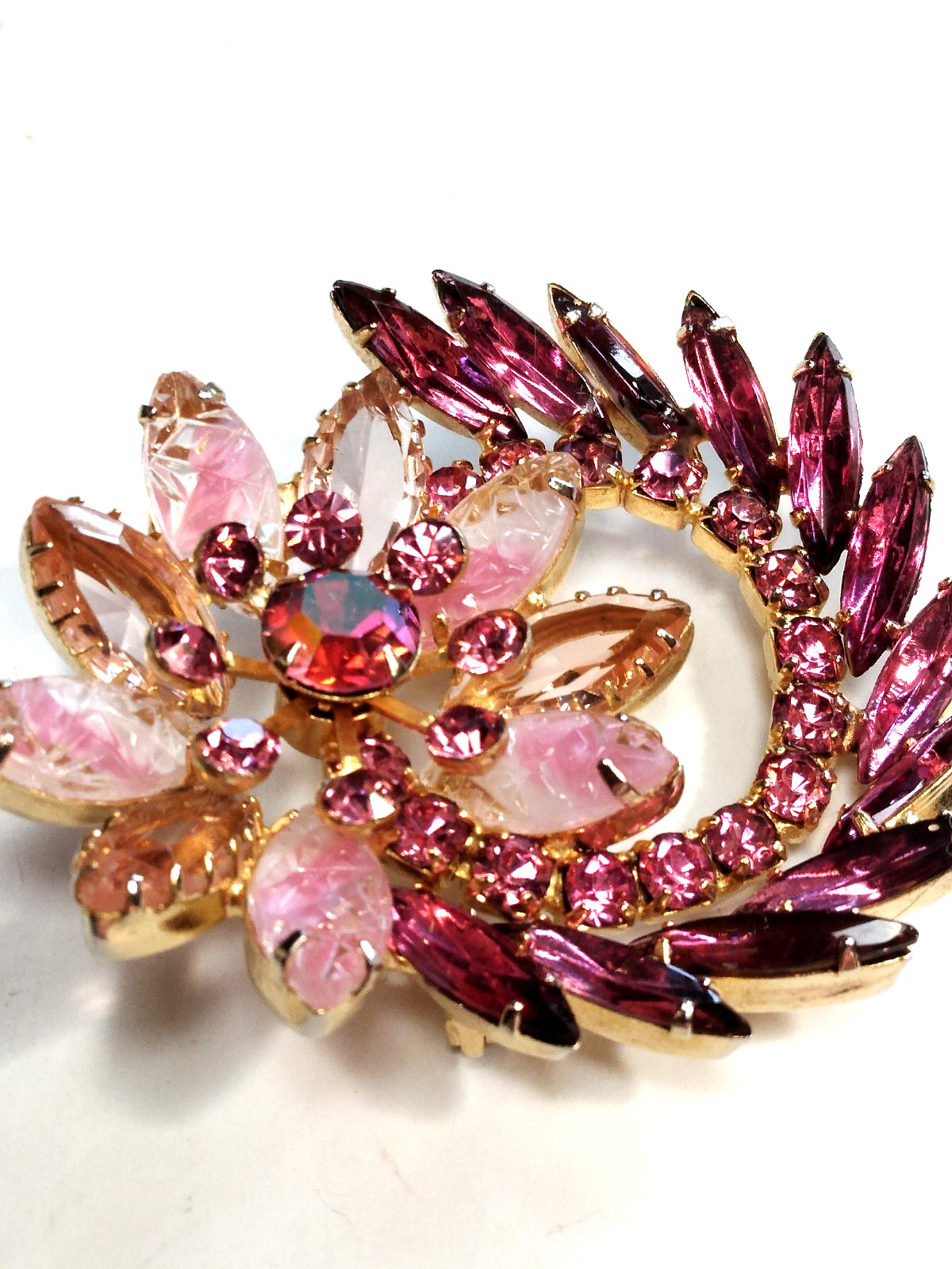 Juliana Pink Brooch Givre Lava Glass Dark Pink Navetts Gold Tone Rivet Prong Set