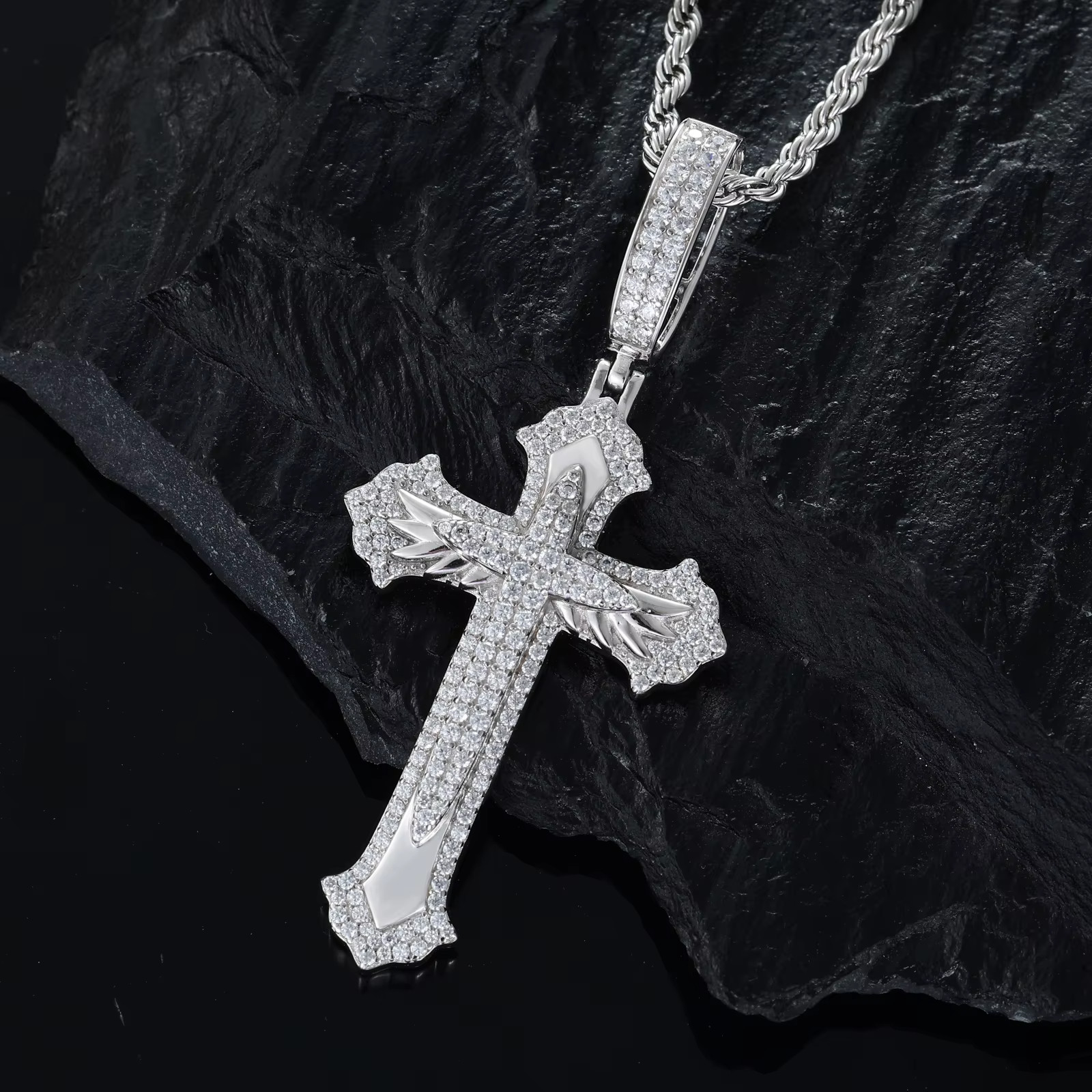 925 Sterling Silver VVS Moissanite Cross Pendant Iced Out 14k White Gold Plated