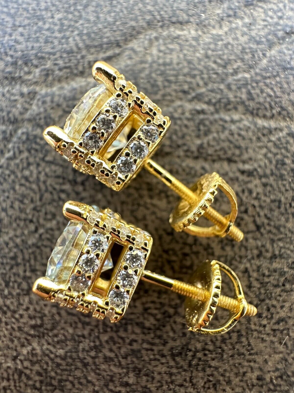 Moissanite 3D Iced Solitaire Screwback Stud Earrings Real 14k Gold Plated Silver