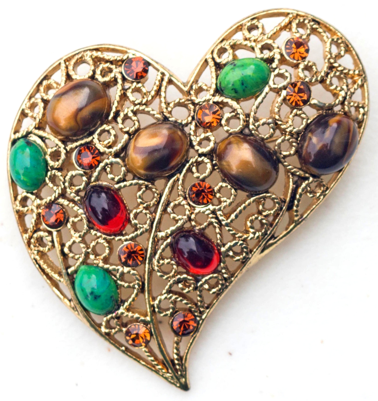 Vintage Colorful Gold Tone Heart Love Special Occasion Brooch / Pin