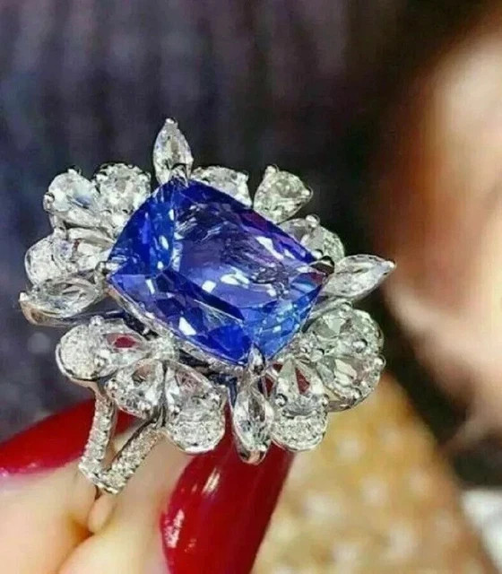 4Ct Cushion Lab Created Blue Tanzanite Halo Wedding Ring 14K White Gold Plated