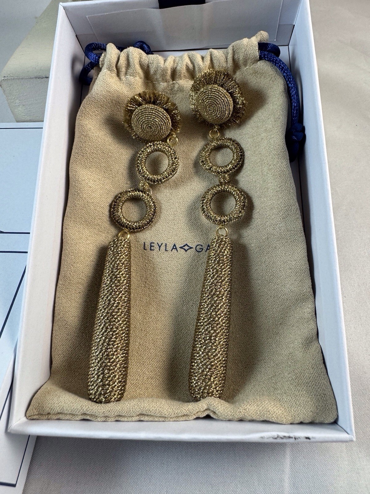 LEYLA GANS Amelie Wrapped Cord Drop Earrings ~ Metallic gold tone cord ~ Pierced