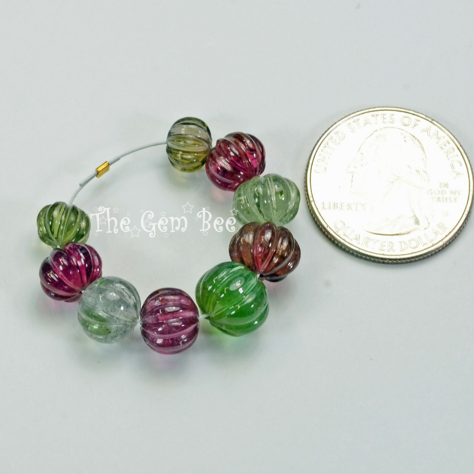 7.6mm-10.8mm Fine Candy Tourmaline Carved Melon Fluted Bead 2.6″ Strand (9)