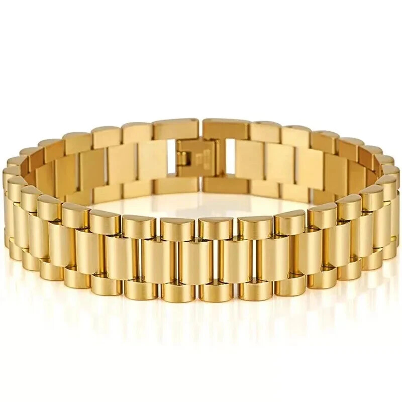 15MM Wide 8/8.86‘’ Watch Chain Wristband Bracelet Gold Plated Stainless Steel