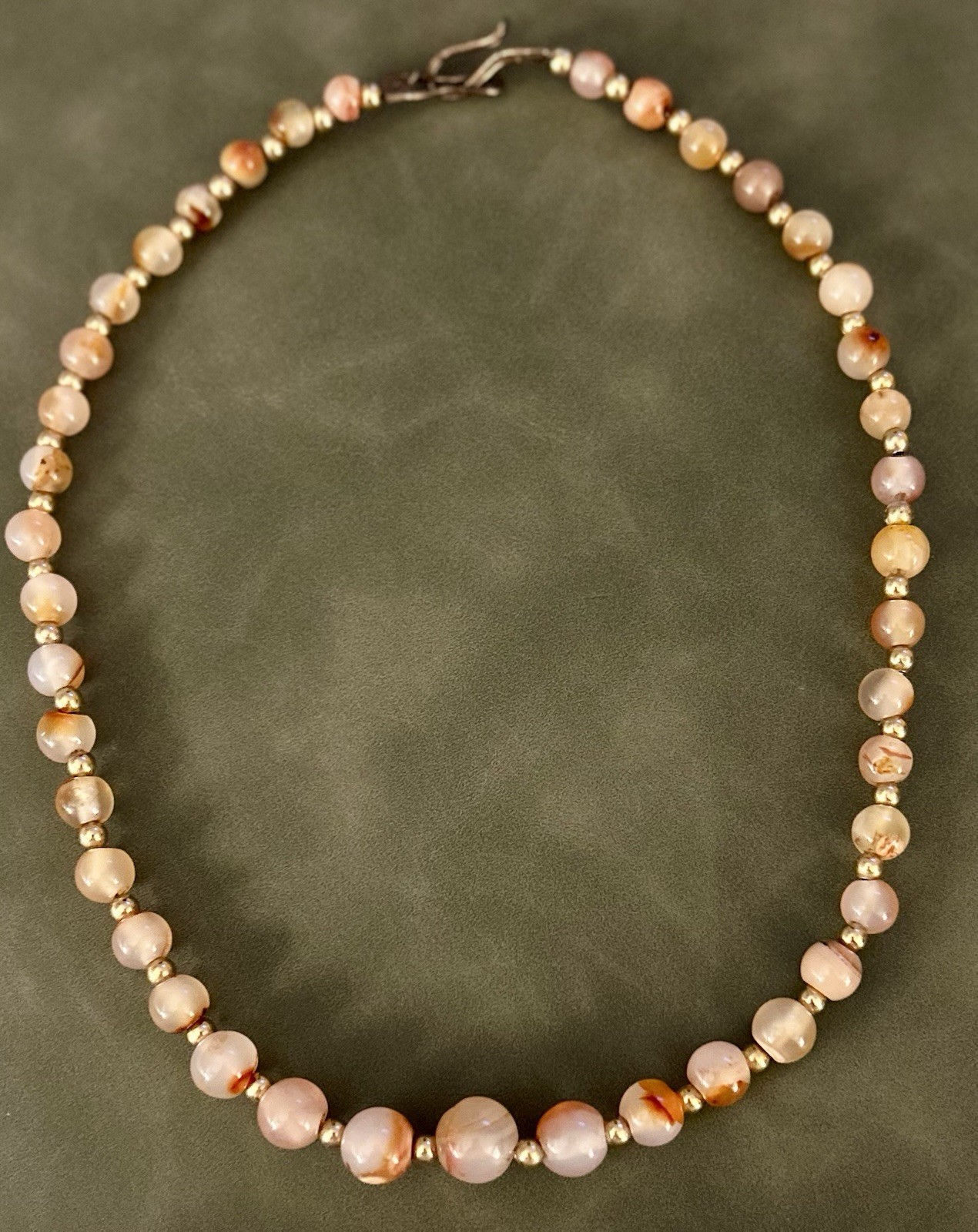 Cherry Blossom Agate Hand Made Beaded Necklace with Gold-Toned Spacers 18”