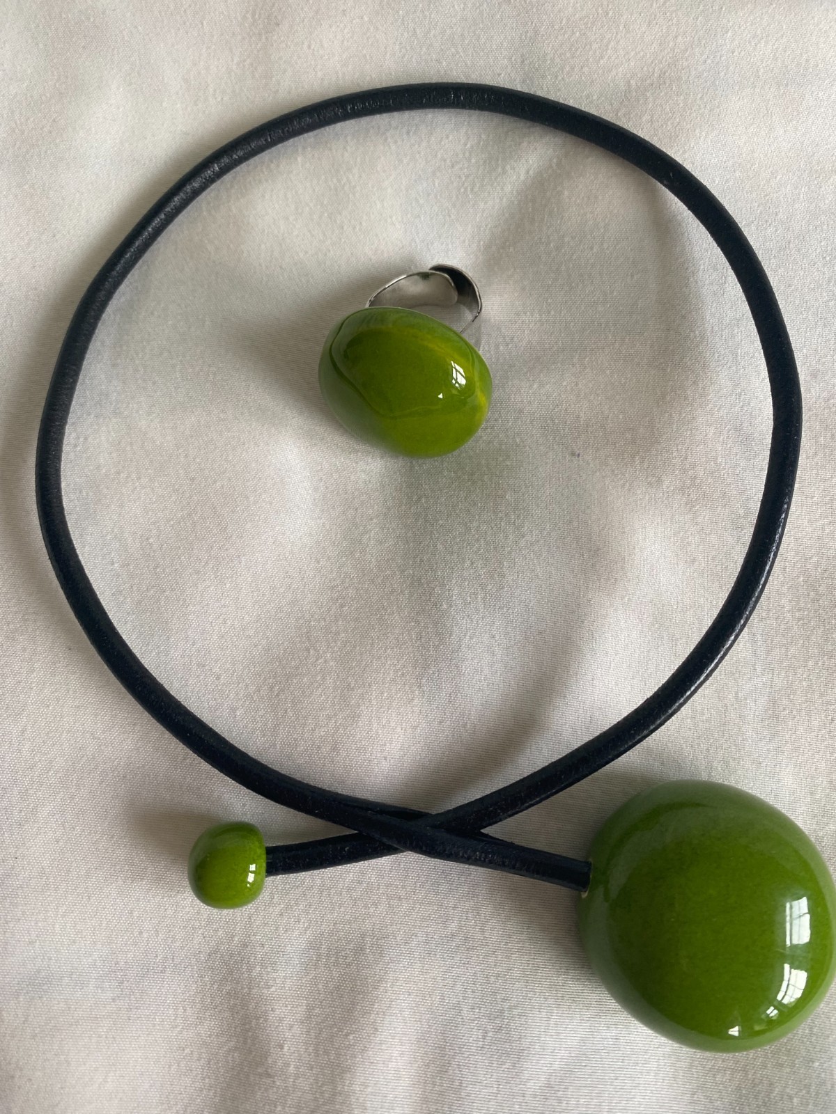 Elegant Silver Leather Ceramic Necklace & Adjustable Ring Set Made in France NWT