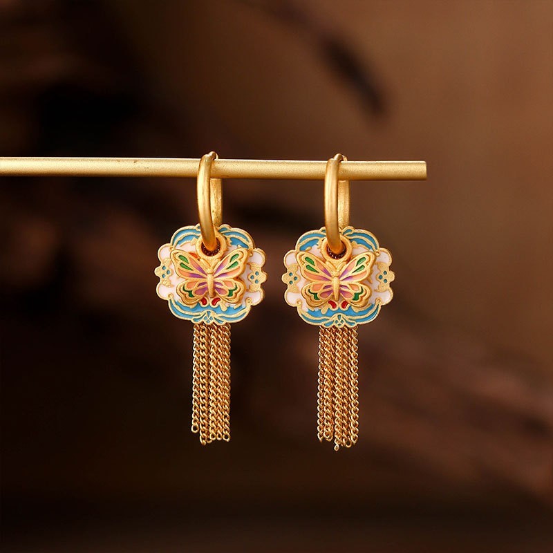 Chinese Style Enamel Butterfly Earrings with Golden Layer and Tassel Chains