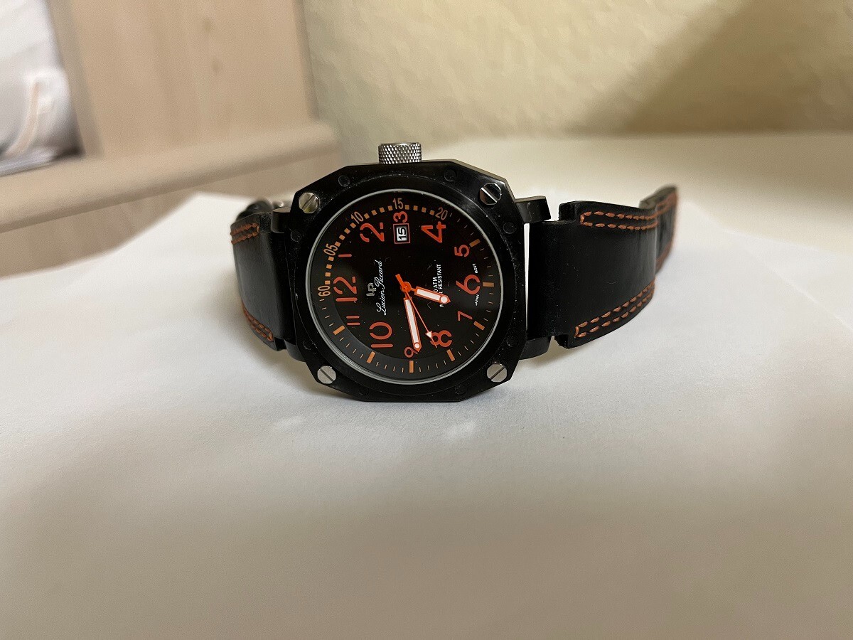 Lucien Piccard Men’s LP-281270R date at 3 black leather band watch
