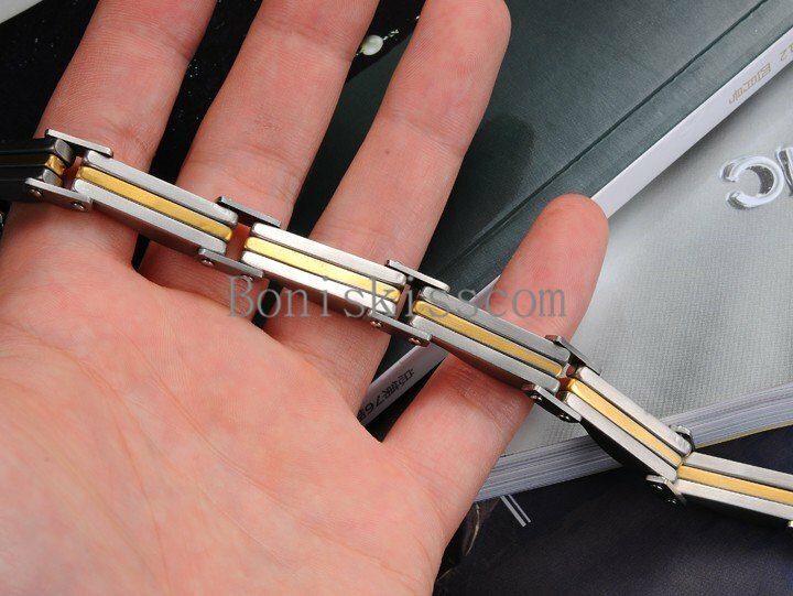 Two Tone Stainless Steel Men’s Link Bracelet 8.66 Inch Length Silver Gold Color