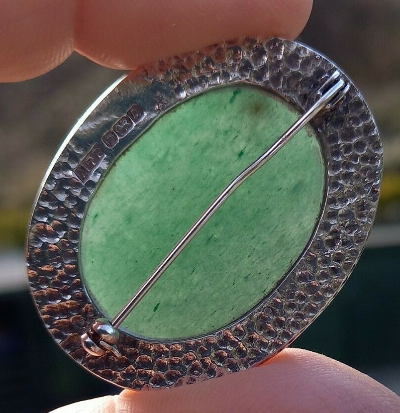 Hand Made Large Oval Silver & Jade Brooch Sheffield Hallmarked MTP 40mm x 32mm
