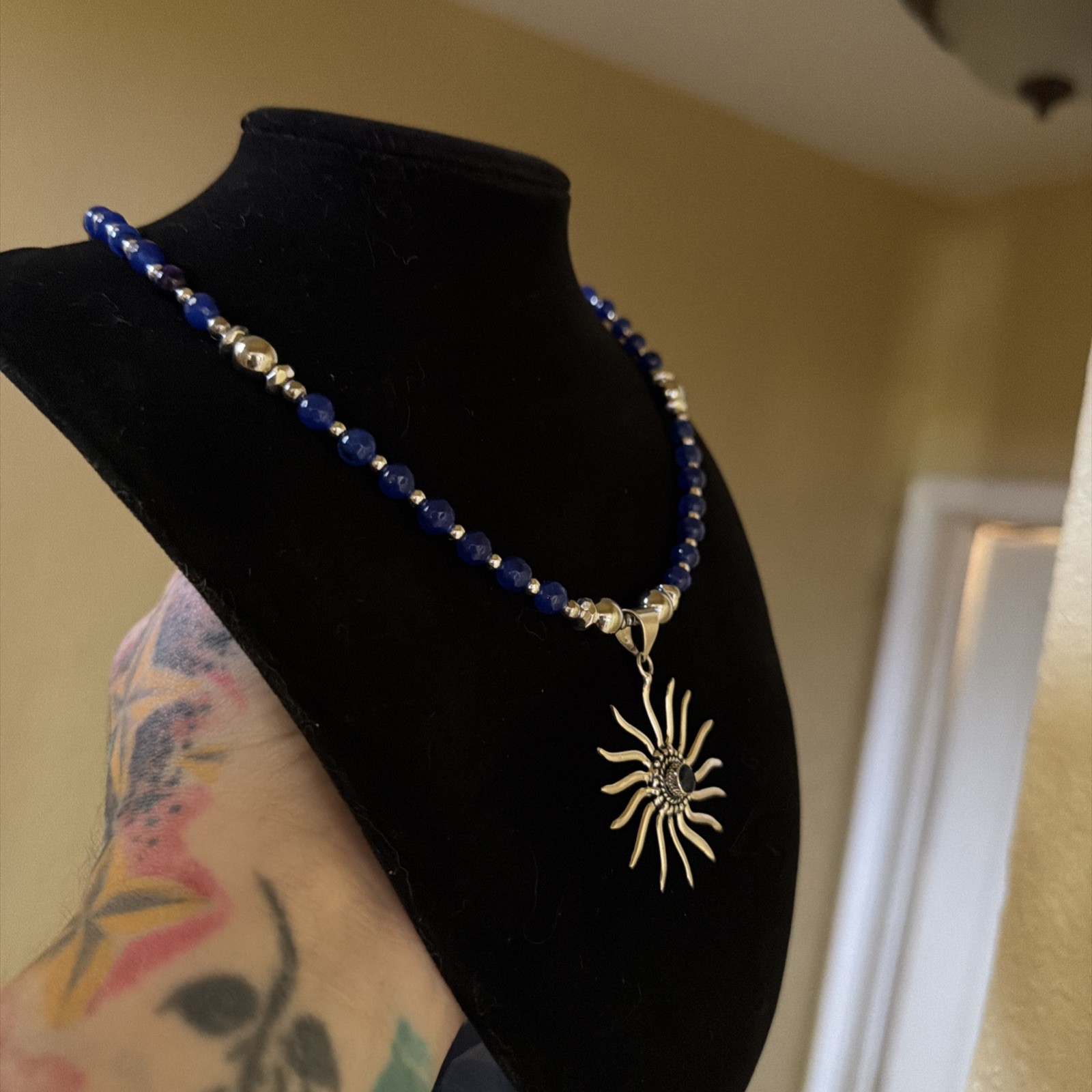 Blue Saphire Sterling Sun Pendant With Matching Bead Necklace 18-20inches