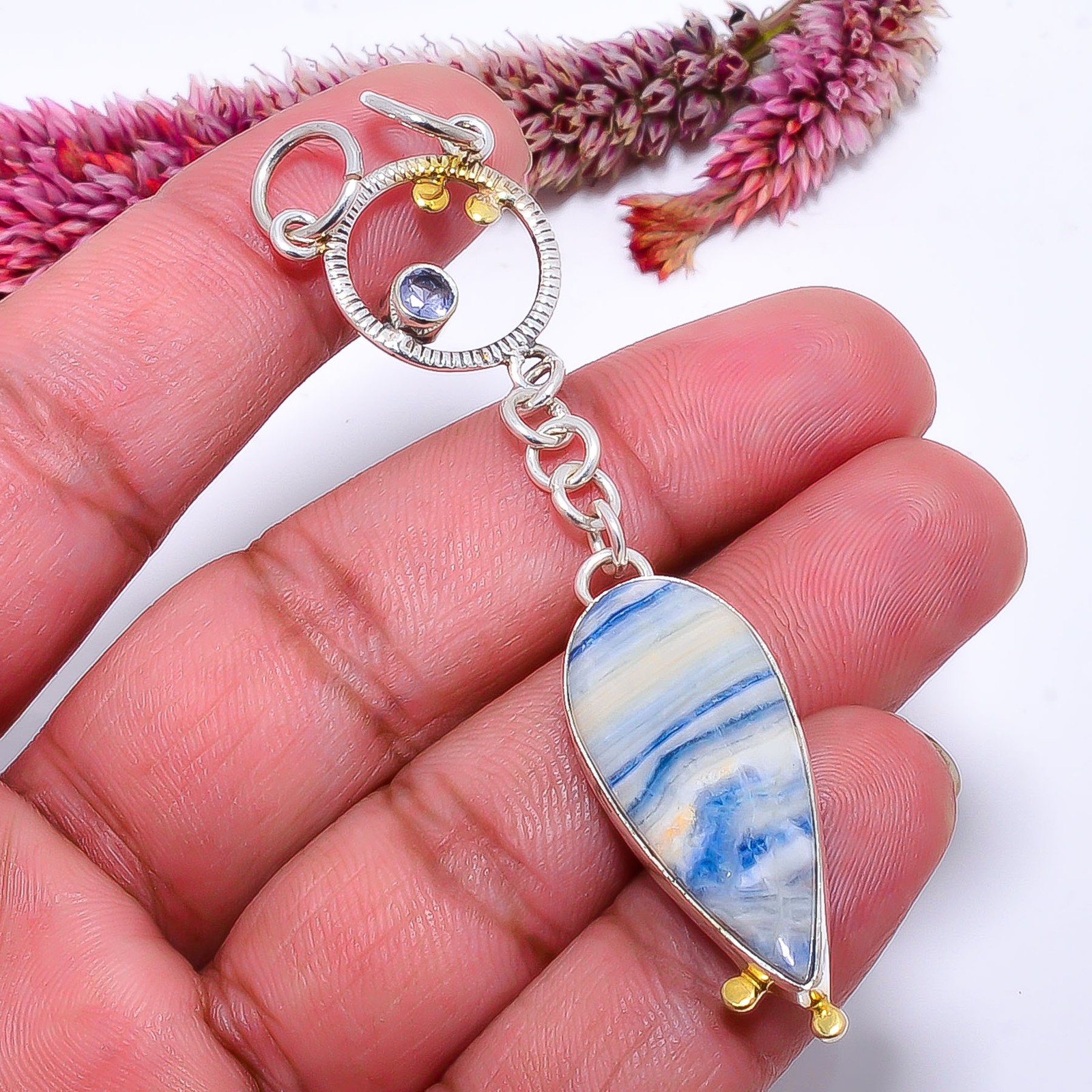 Blue Scheelite – Turkey & Iolite 925 Sterling Silver Two Tone Pendant 3.12″ P40