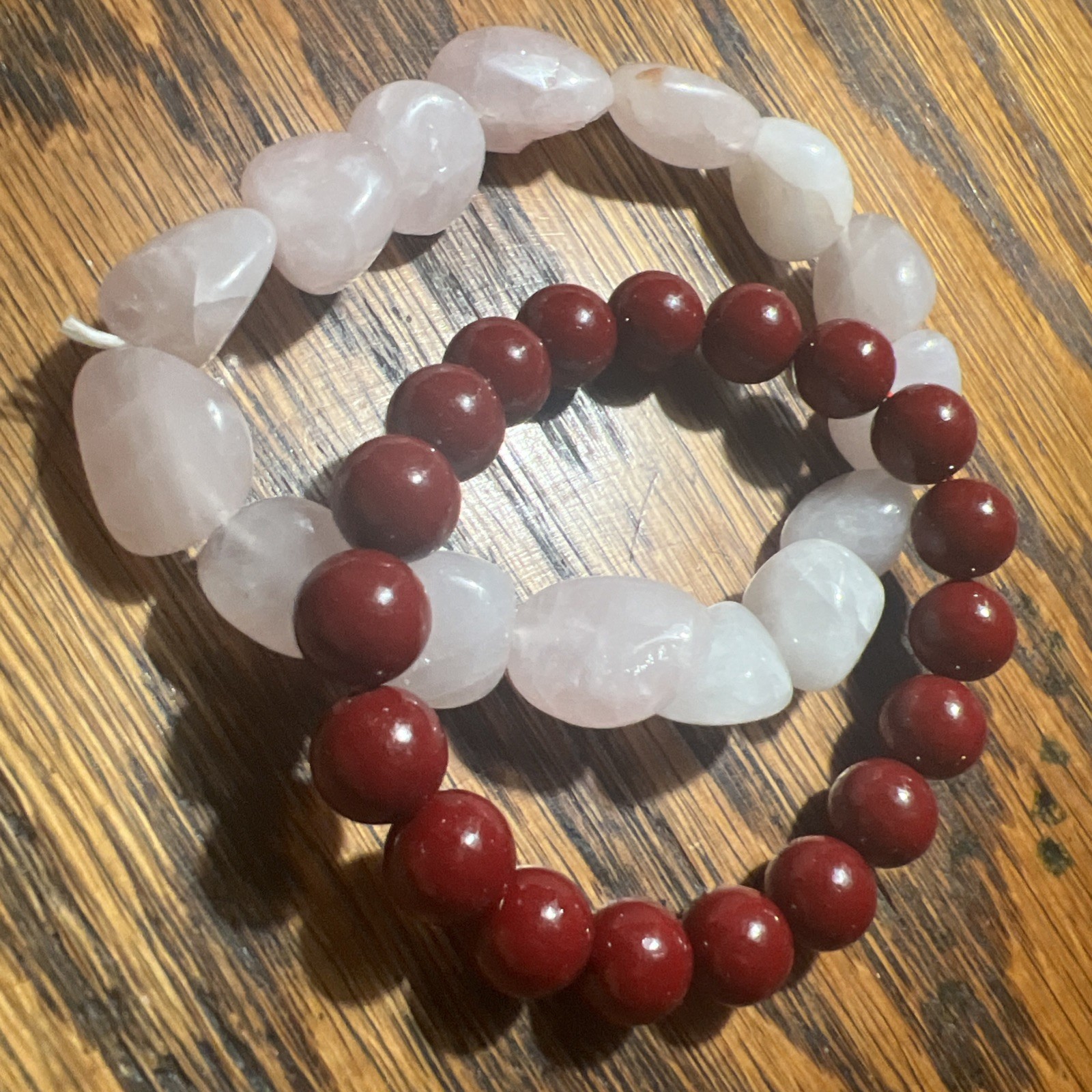 Gemstone Bracelets Womens L Set Of 2 Stretch Burgundy Red Lite Pink Stones