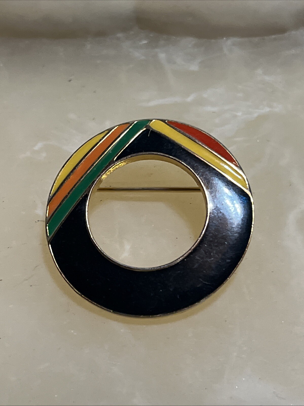 Black Yellow Red Green Orange Enamel Circle Brooch Pin Gold Tone Rainbow