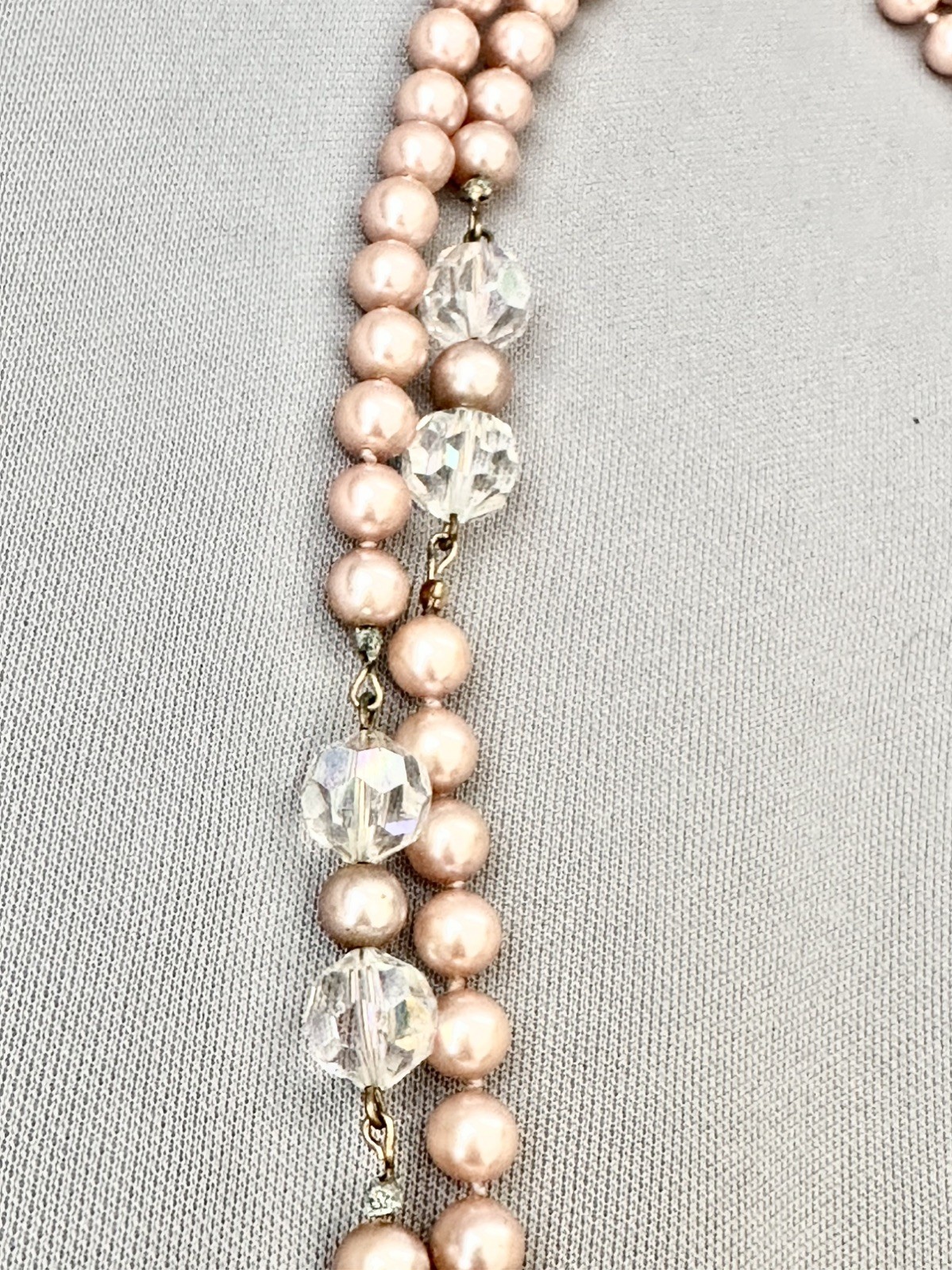 Vintage Elegant Long Dusty Pink Faux Pearl & Crystal Accent Bead Necklace-26 in