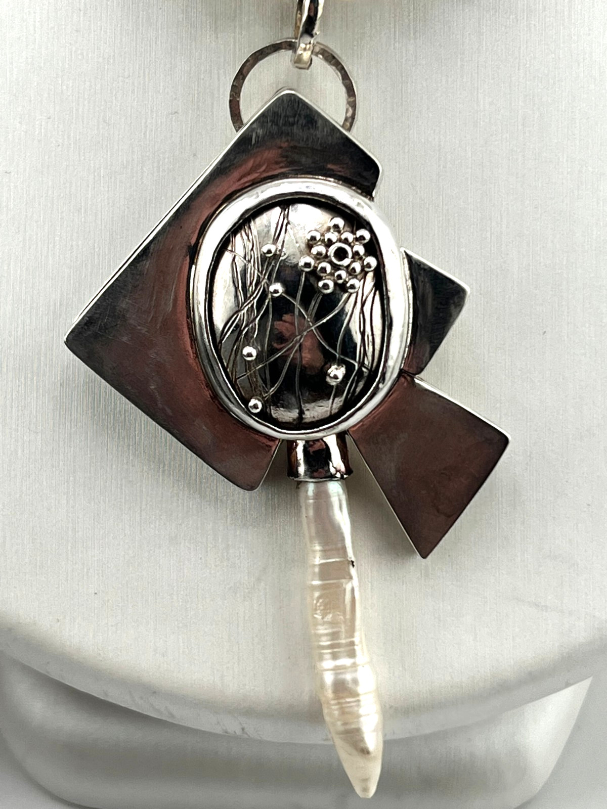 Artisan Pearl necklace 925 Sterling silver hollow form pendant signed FLW