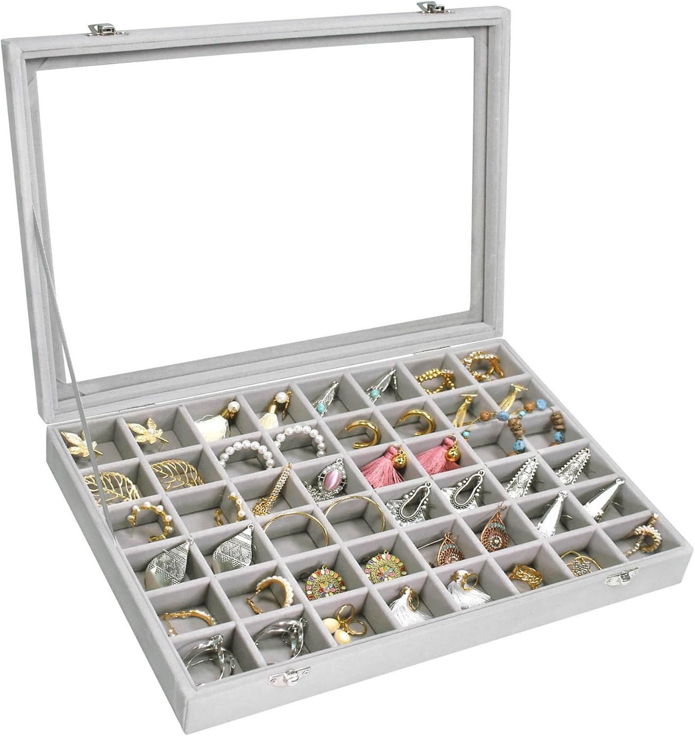 48 Grid Velvet Jewelry Tray Display Organizer Box with Transparent Lid