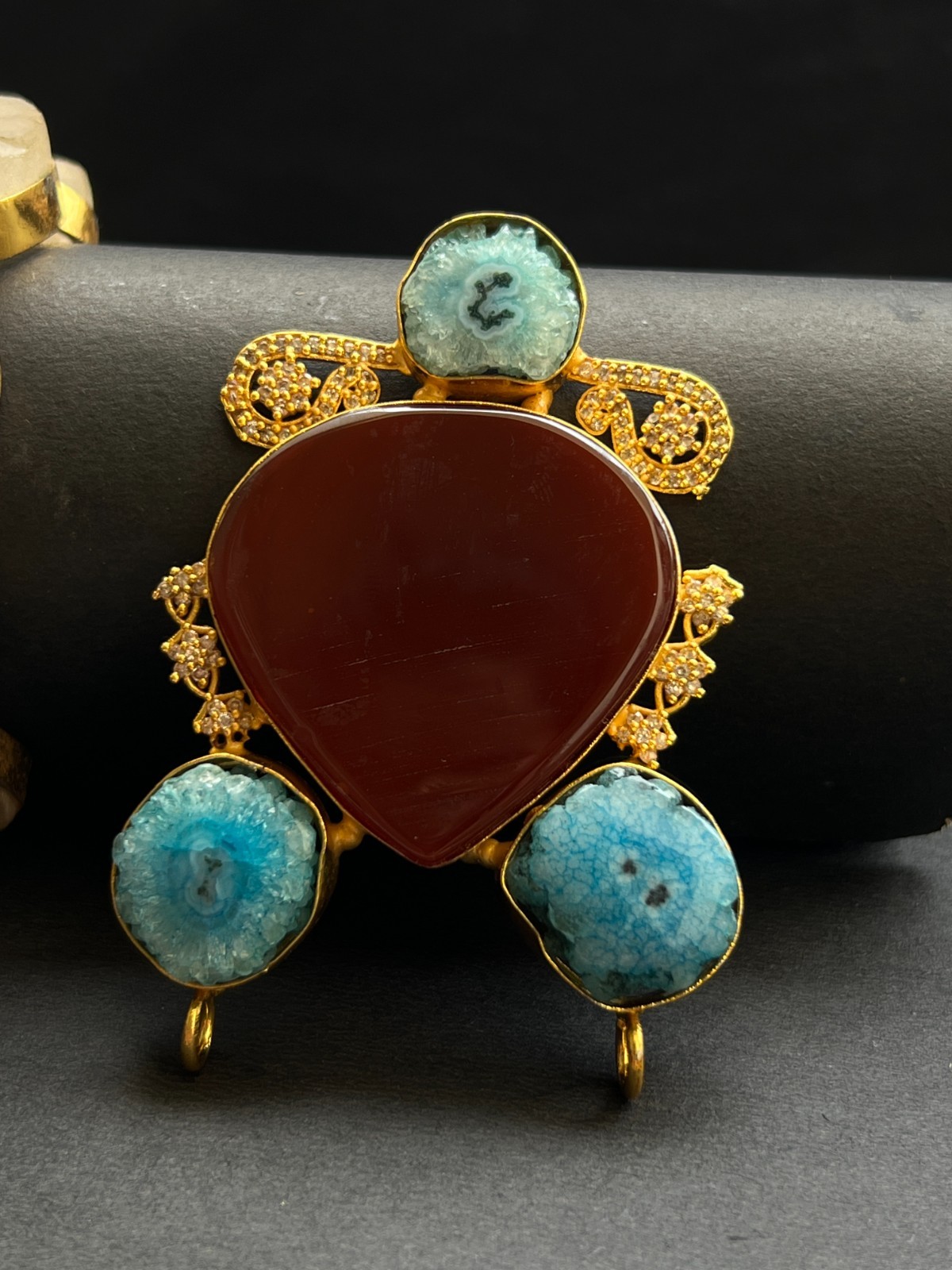 Designer Pendant Red Agate & Blue Druzy | Gold Plated Luxury Statement Jewelry
