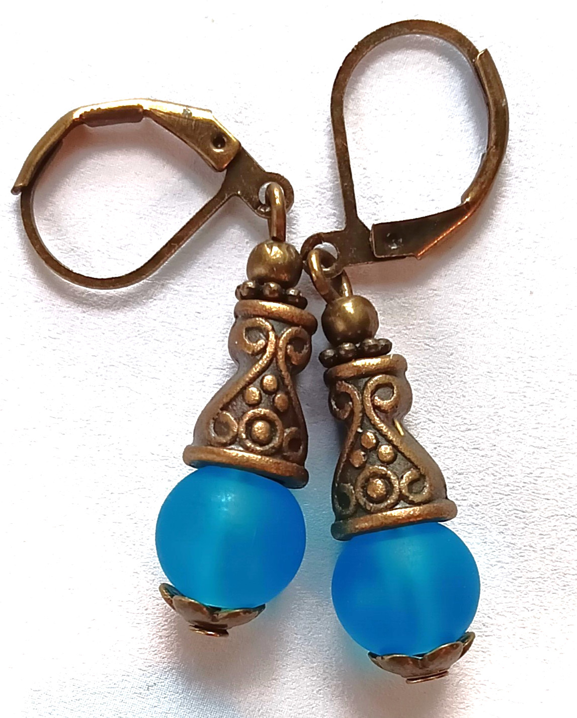 ocean blue BEACH FROSTED GLASS drop earring bronze HANDCRAFTED XX